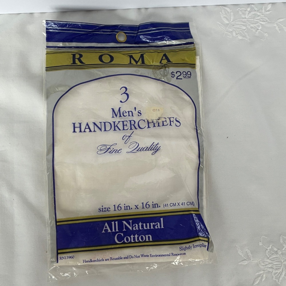 Roma Handkerchiefs Mens White 3 Pack All Natural Cotton 16x16 Pocket Squares